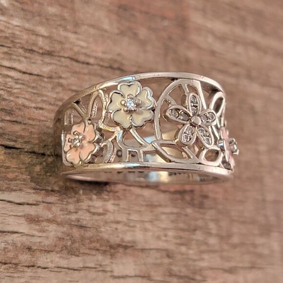 Sterling Openwork CZ Enamel Flowers Ring - Picture 3 of 8
